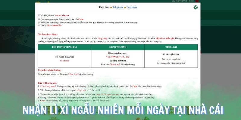 Nhận lì xì ngẫu nhiên mỗi ngày tại nhà cái